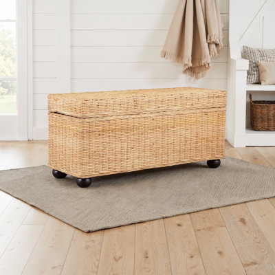42" Natural Rattan & Solid Mahogany Lift-Top Storage Trunk