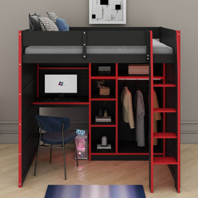 Full Size Wood Loft Bed With Desk,Open Wardrobe And RGB Lights