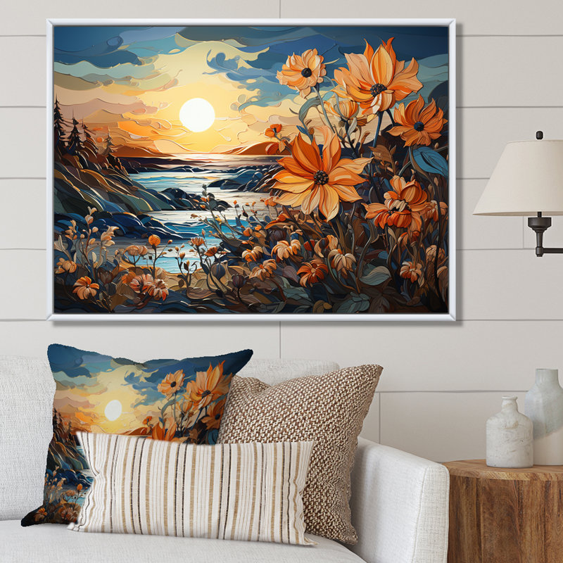 Tournesols, art liquide, champ de fleurs sur toile, Cadre naturel flottant, H 12 po x l 20 po x P 1 po