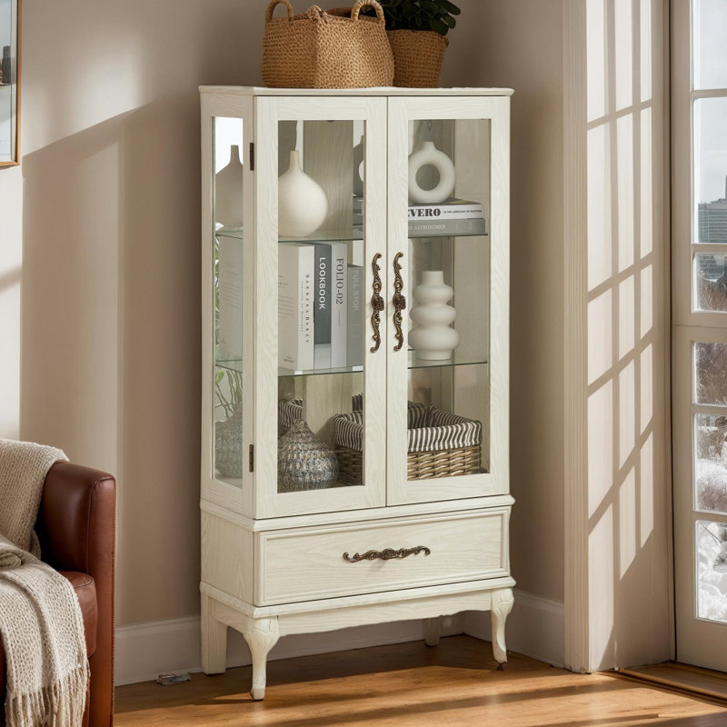  52" Lighted Curio Cabinet with Drawer, Vintage Glass Curio Showcase with 3-Tier Adjustable Shelves & Mirrored Back Panel, Light Blub Included, Wooden China Cabinet with Tempered Glass Doors for Living Room, Bedroom, Dining Room