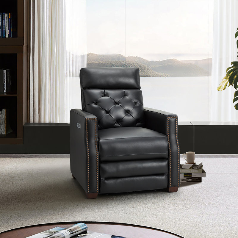 Gumesindo 31.50" Wide Genuine Leather Power Recliner, Black Genuine Leather