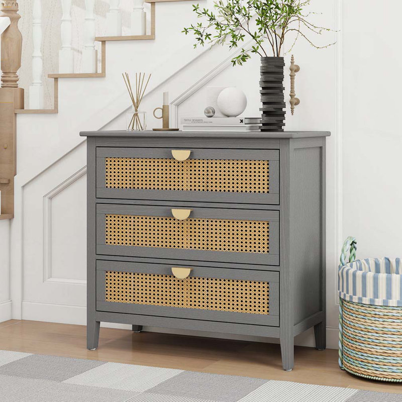 Commode 3 tiroirs Rattan, Gris