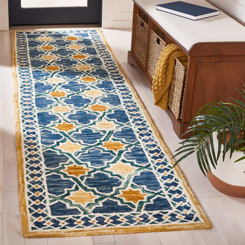 Hand Tufted Wool/Cotton Southwestern Rug in Navy/Yellow, Runner 2'3" x 9'