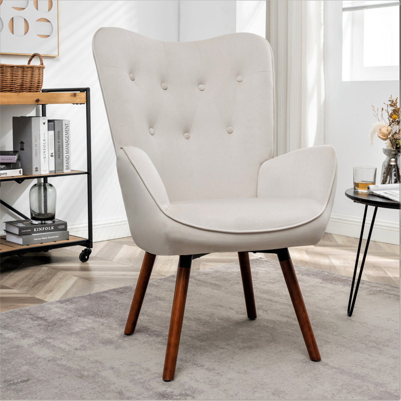 Fauteuil à oreilles de style Mid-Century moderne, fauteuil capitonné en tissu de polyester avec pieds évasés en bois massif pour le bureau de la chambre à coucher et du salon