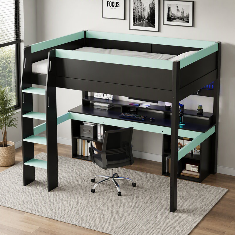 Lit mezzanine avec lumières DEL multicolores, panneau perforé et bureau de jeu intégré, Noir + bleu