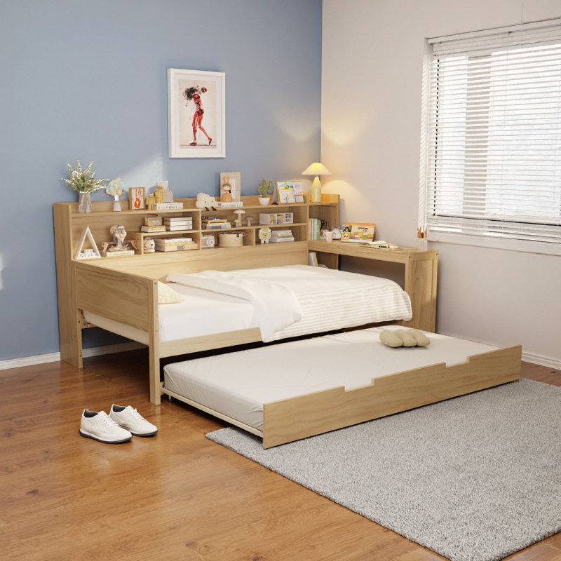 Wooden Twin Size Daybed with Trundle, Storage Shelves & Built-in Study Desk - Multifunctional Natural Finish, Natural, Twin