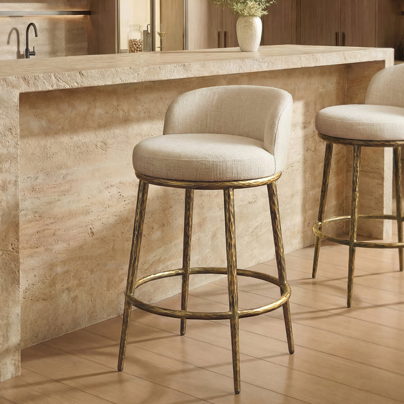 26.5" Upholstered Counter Stool With Hammered Metal Legs & Curved Low Back For Kitchen Island, Matte Gold Hammered