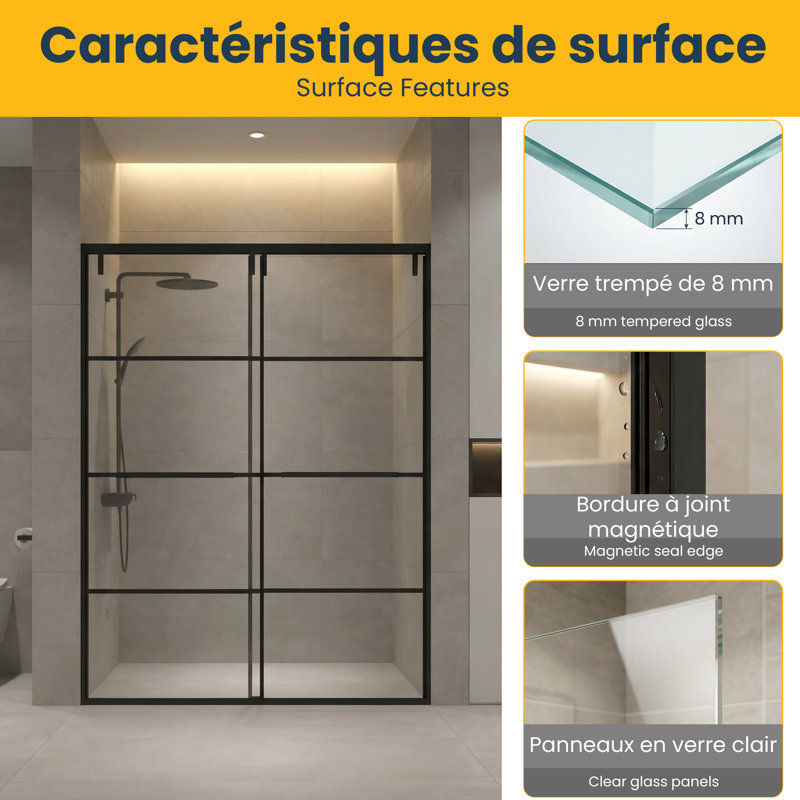 Porte de douche coulissante réversible encadrée en noir mat avec verre trempé transparent 8 mm Trevor