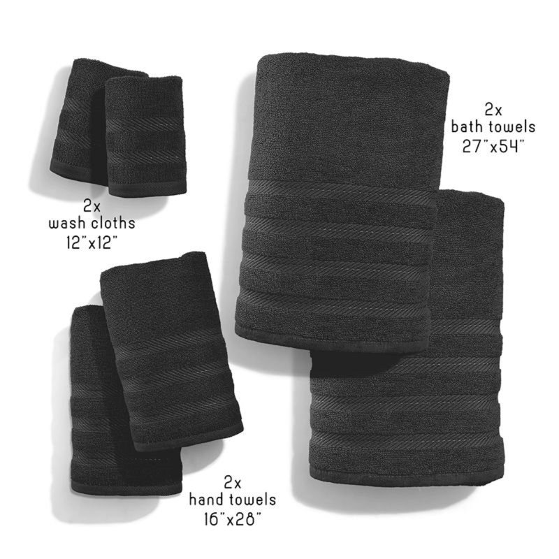  100% Combed Cotton 6-Piece Bath Towel Set – Ultra Soft & Highly Absorbent Towels for Bathroom, Black, 6 Pack