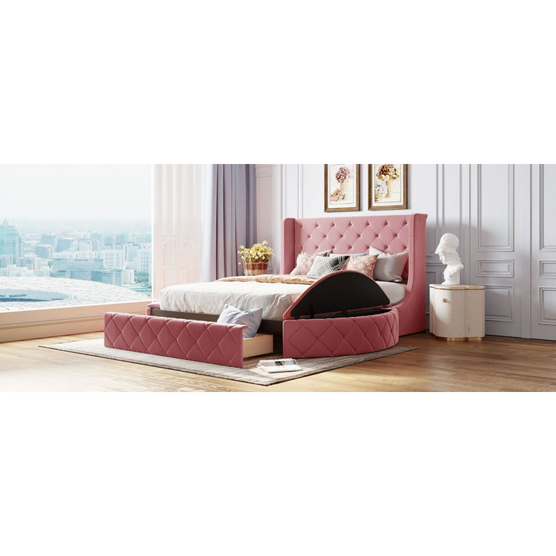 Lit plateforme tapissier moderne avec 1 grand tiroir, 2 tabourets de rangement latéraux, cadre de lit moderne pour chambre d'amis