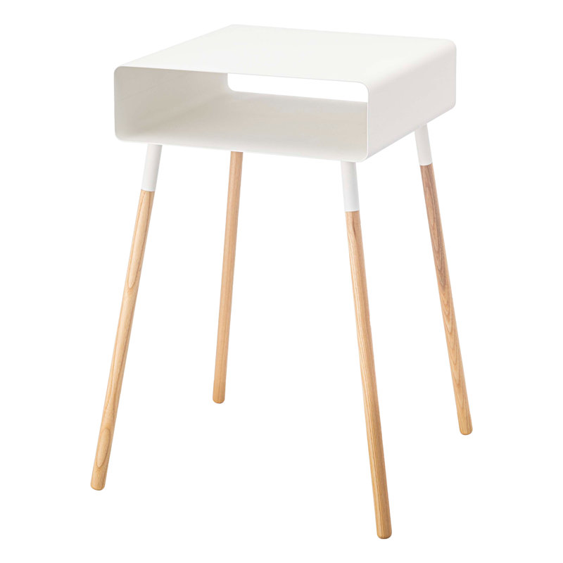 Tall White Steel and Wood Storage Side Table