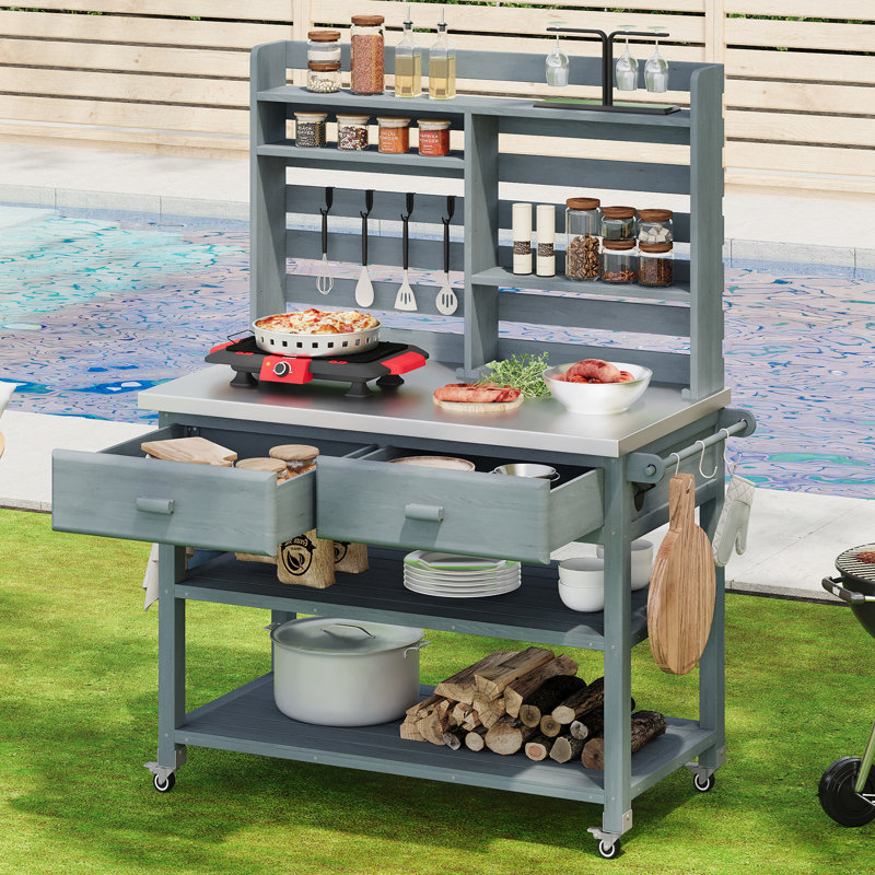 Table de rempotage d'extérieur avec roues verrouillables, îlot de cuisine extérieur avec huche supérieure, Gris te bleu