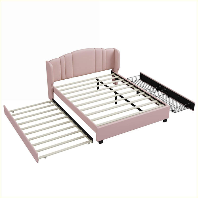 Blush Pink Linen Upholstered Platform Bed, Queen Size with Trundle and Storage Drawers for Guest Bedroom, Elegant Wingback Style
