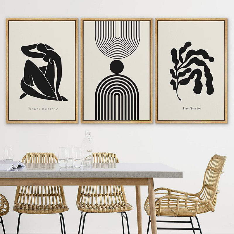 «Black Matisse Dancer Lar Gerbe Plant Mid Century Modern», art mural encadré sur toile, 3 pièces, Cadre brun