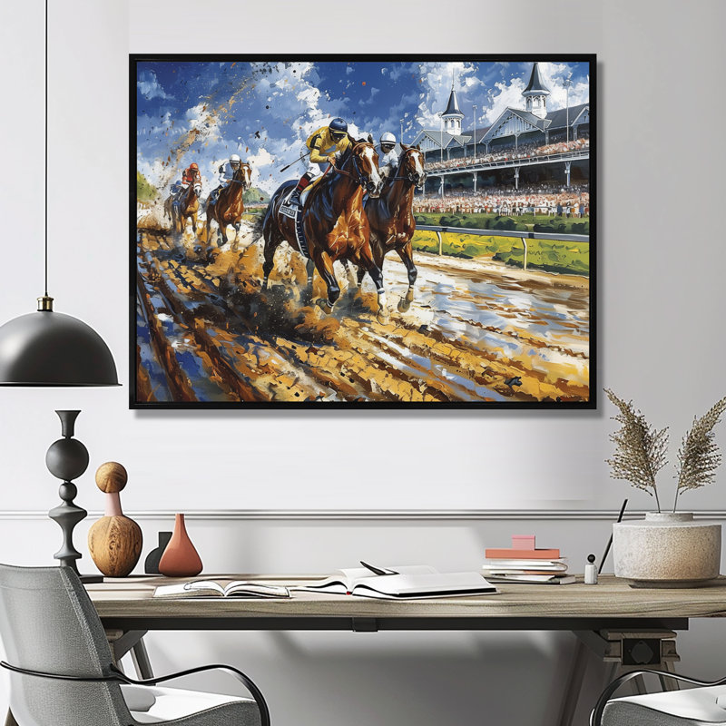 Marlyin - course de chevaux, art mural, H 34 po x l 44 po x P 1,5 po, Cadre flottant noir