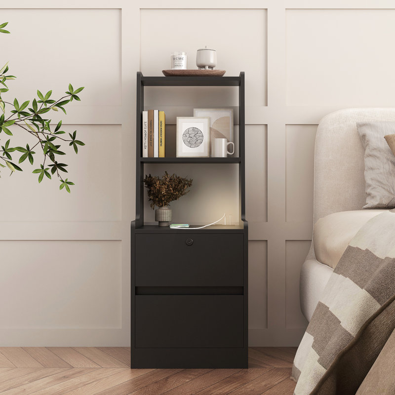 Nightstand With Charging Station, Smart Nightstand With Night Light, Modern Night Stand With Bookshelf, Bedside Tables With Storage Cabinet For Bedroom (Bookshelf)
