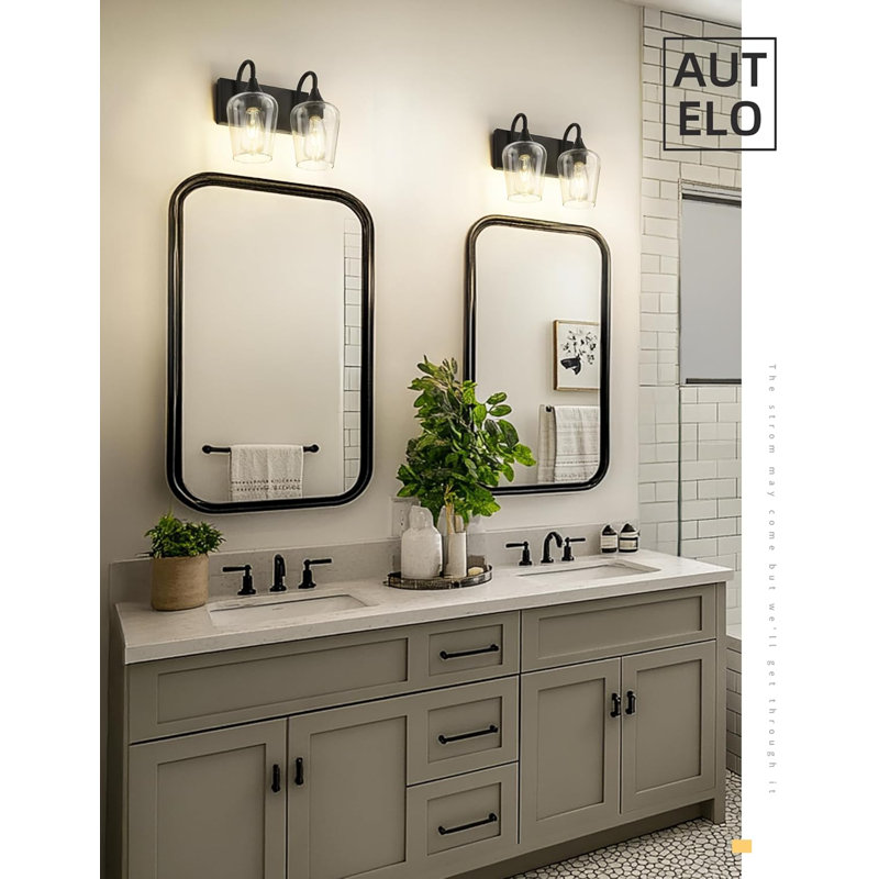 2-Light Bathroom Vanity Light In Matte Black With Clear Glass Shades, Modern Wall Sconce For Mirror Installation, Hardwired Fixture
