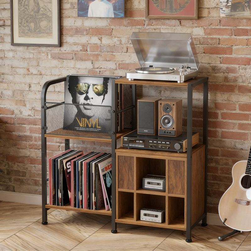 Record Player Stand, 5-Tier Side Table With Storage Cabinet, Holds 300+ Albums