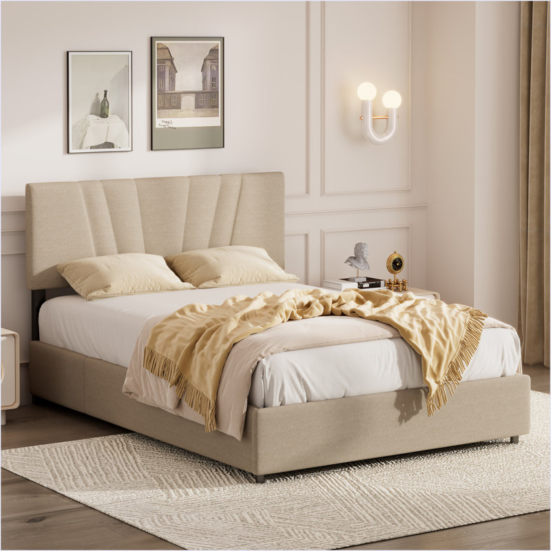 Lit plateforme tapissier avec rangement relevable, Beige, Lit double