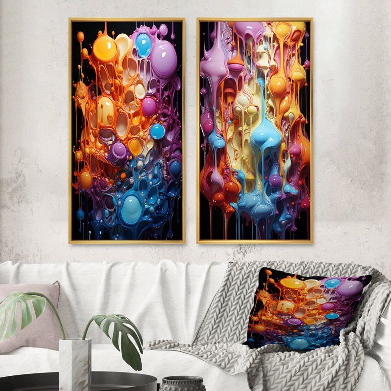 «Orange and Blue Abstracted Realities», 2 pièces sur toile, Encadrement doré, H 20 po x l 24 po