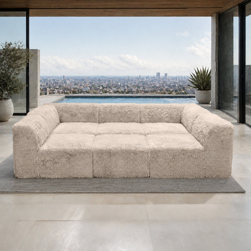 Canapé d'angle modulaire 6 pièces pour salon, lit de jour couleur taupe, fausse fourrure, mousse haute densité compressée, fauteuils sans accoudoirs, pouf