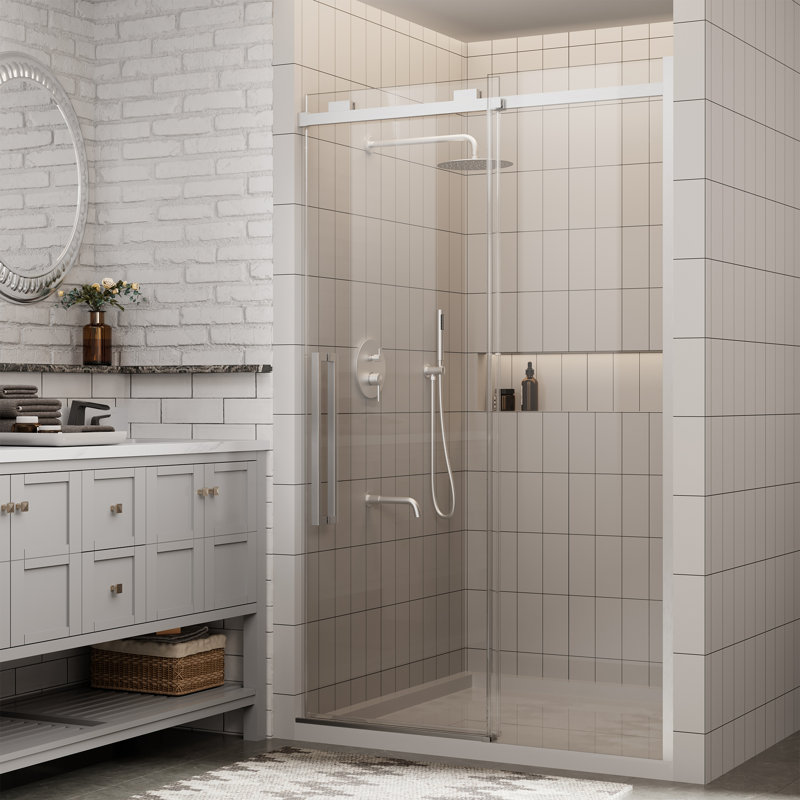 44"-48" W x 76" H Reversible Frameless Single Sliding Shower Door With 3/8"Clear Tempered Glass, Brushed Nickel