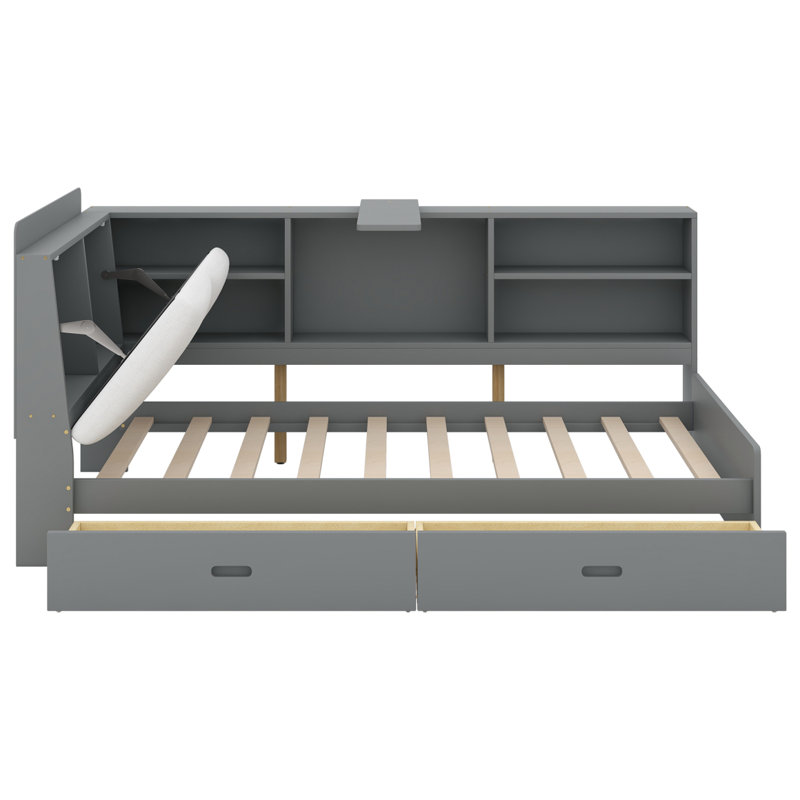 Lit plateforme simple en bois avec tête de lit avec rangement, tablettes et 2 tiroirs, gris, Simple, Gris antique