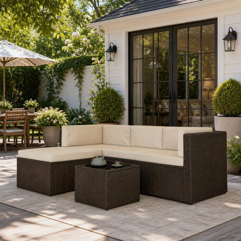 Ensemble de conversation de patio extérieur en osier trois pièces avec sofa méridienne et table basse en verre