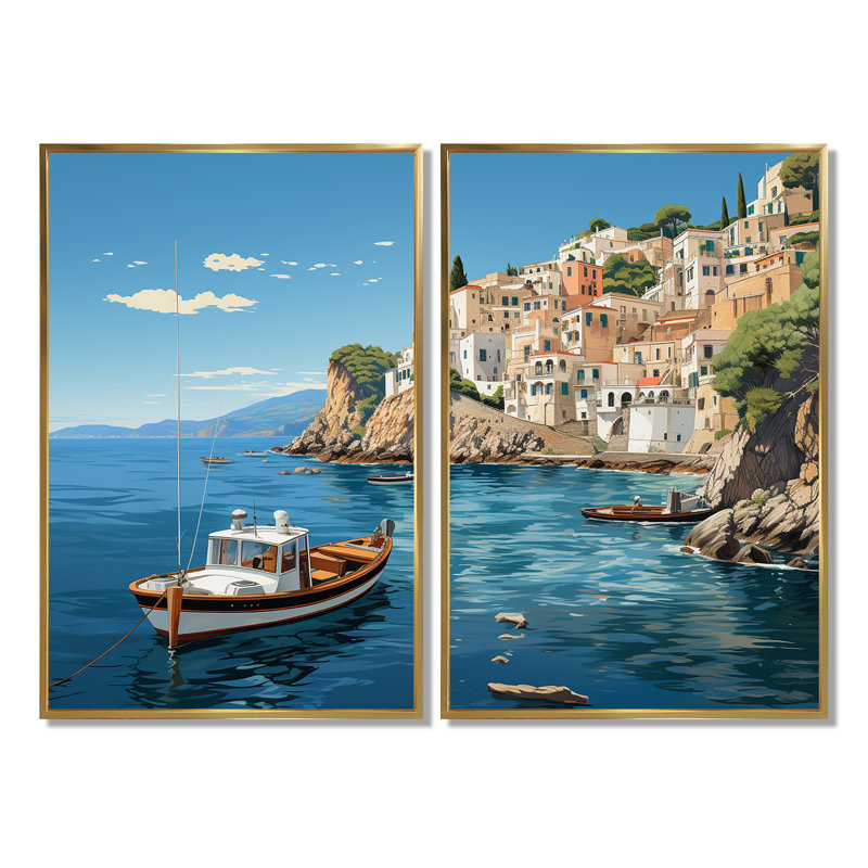 Art mural sur toile bleu Capri, 36" H x 48" W, Impression encadrée flottante, Gold