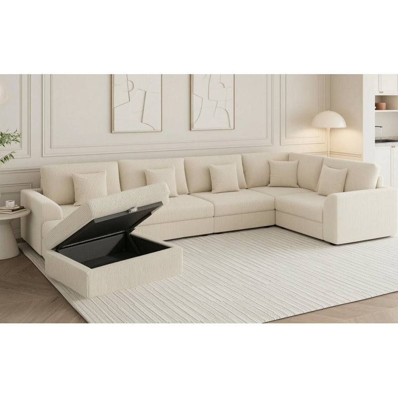 Canapé-lit modulaire en velours côtelé de 6 pièces avec repose-pieds et rangement, White, 36" H X 146" W X 78" D