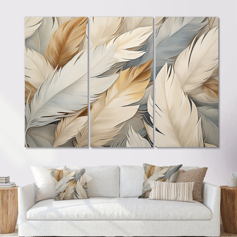 Feathery Plumes II - Ensemble de décorations murales plumes, Toile tendue, H 40 po x l 60 po x P 1 po