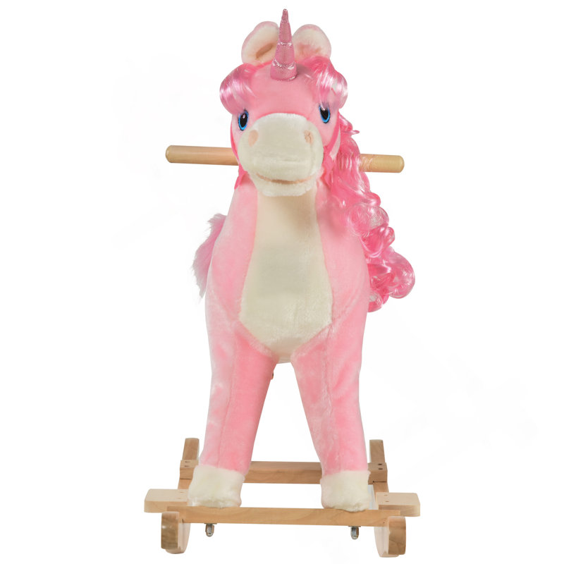 Cheval à bascule Qaba, conception de licorne à cheval avec base en bois, queue de cheval et sons pour les tout-petits de 3 à 6 ans, rose