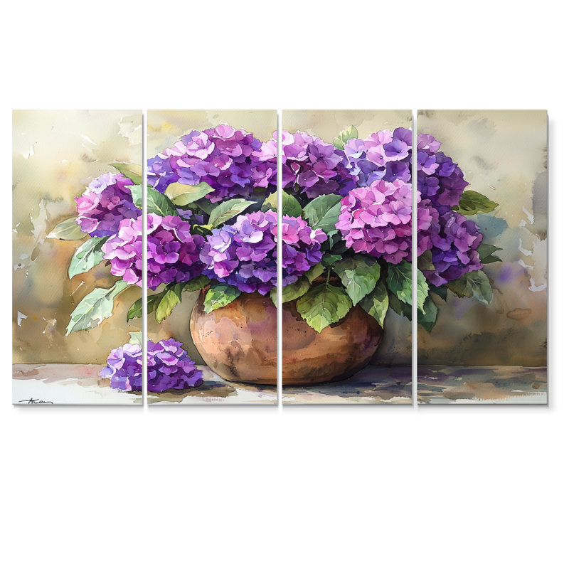 Hortensias dans un vase rustique - Art mural hortensia - Art mural traditionnel pour le salon, 4, H 28 po x l 48 po