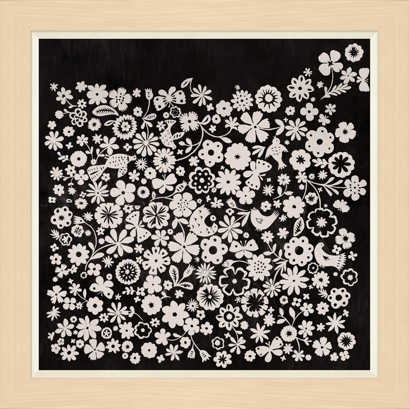 Black and White Floral Bird Print with Brown Wood Frame