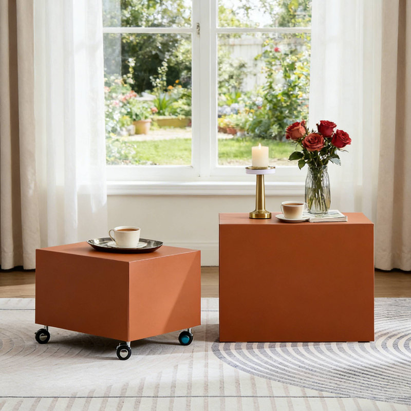 Ensemble de tables de selle orange en panneau de fibres à densité moyenne, tables d'appoint roulantes modernes pour un coin-salon