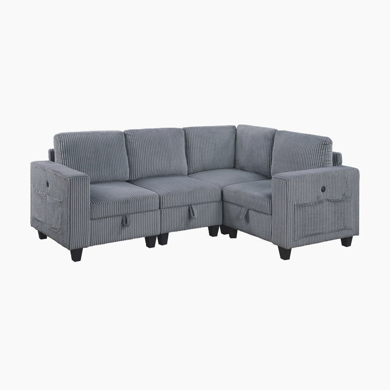 Canapé modulaire moderne et contemporain de 89 po 4 pièces Skrzypek - Canapé modulaire en velours côtelé, port USB fonctionnel et pochettes de rangement, rangement caché intégré sous le siège