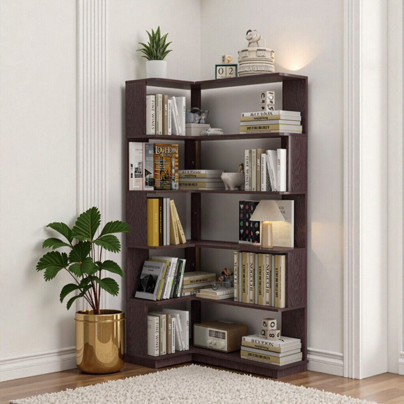 Bibliothèque d'angle à 5 niveaux en L: solution de rangement peu encombrante, Rouge sang de bœuf