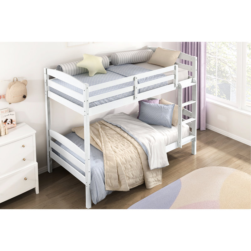 Lit simple au-dessus d'un lit superposé blanc, barrières de sécurité pour le lit supérieur, accès facile, sans fondation, lit peu encombrant avec cadre en bois et finition brossée, rails, sommier, charge de 300 lb par