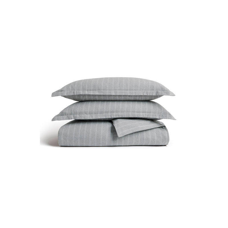 Flannel Stripe Duvet Cover Set, Queen Duvet Cover + 2 Standard Pillowcases, Silver