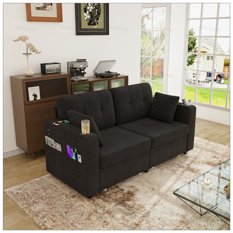 Canapé moderne en chenille 3 places avec chargement USB, rangement et porte-gobelet pour espaces de vie compacts, Black