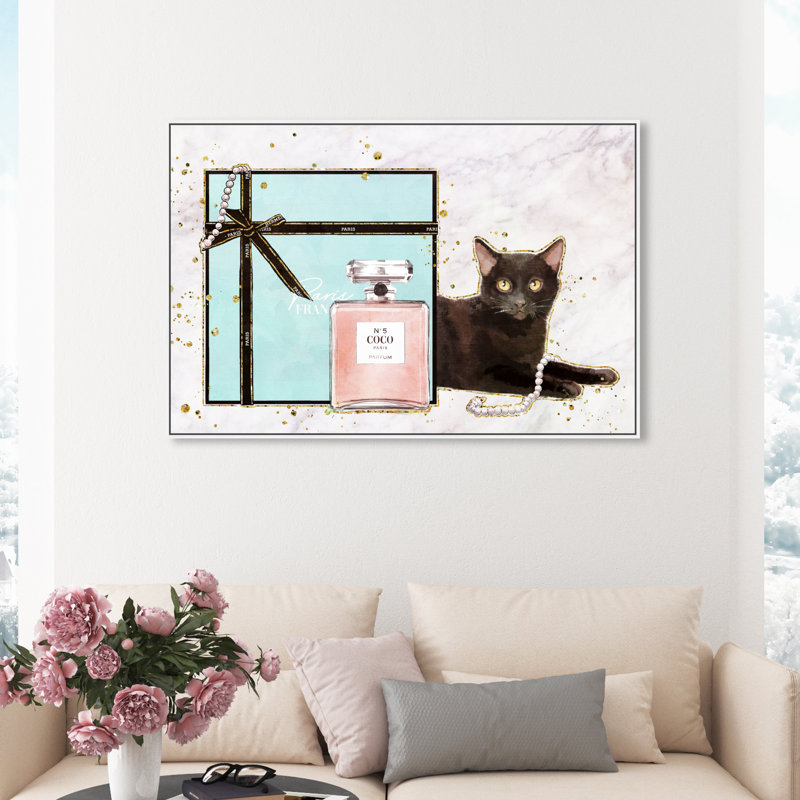 Cat Glam Blue Box - impression sur toile, H 30 po x l 45 po, Cadre flottant blanc