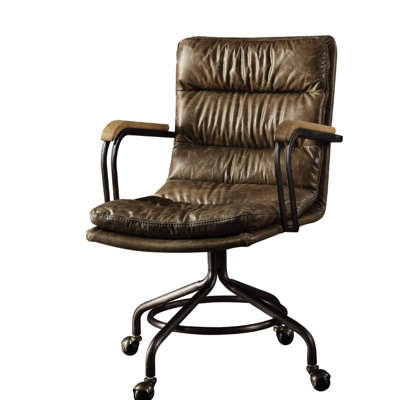 Leather Office Chair With Vintage Aesthetics - High Back, Fixed , Brown Whiskey Sitting Metal Base, Color