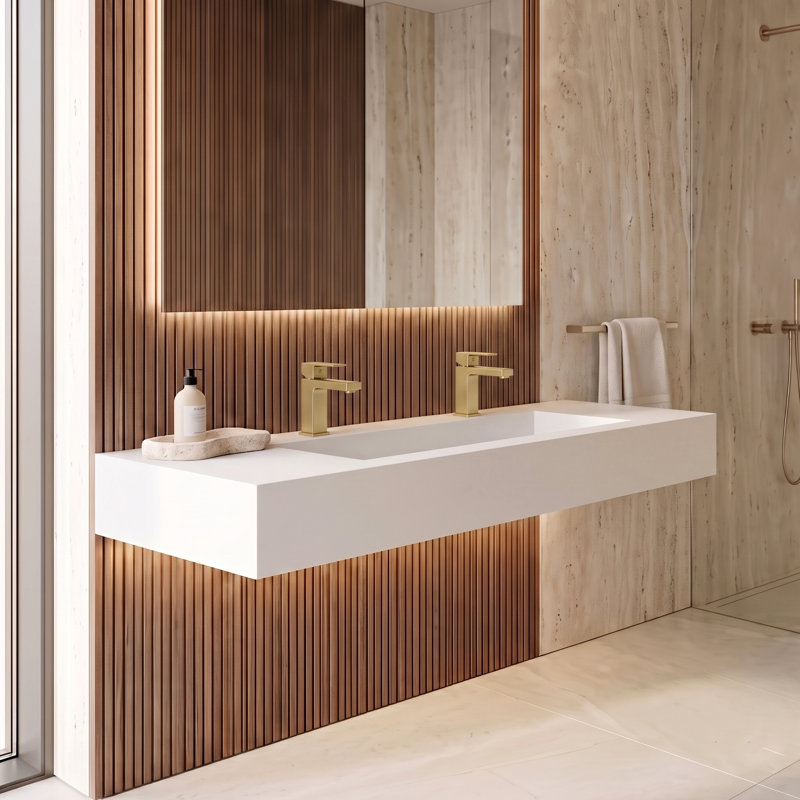 Pyramid 60" Wall Mounted Rectangular Solid Surface Bathroom Trough Sink in Matte Finish - White, With Faucet Holes, White