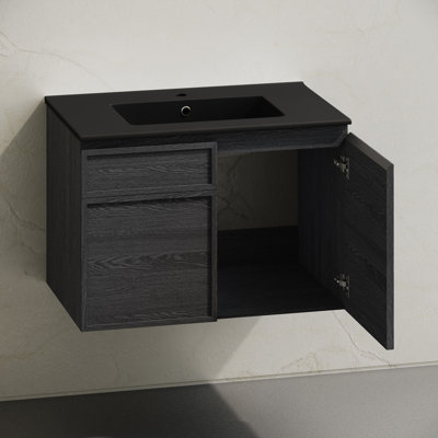 Meuble-lavabo mural en chêne noir avec dessus d'évier noir 30 po St. Tropez