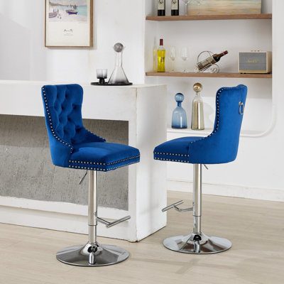 Épais velours bleu pivotant, réglable en hauteur de 25 à 33 po, de 2, siège en éponge et à ressorts, boutons pour la maison et le pub avec base de 17,7 po, îlot de cuisine en diamant