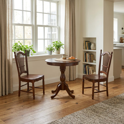 Mahogany Finish Solid Wood Round 3 Piece Dining Set Pedestal Base Slatted Chair Back