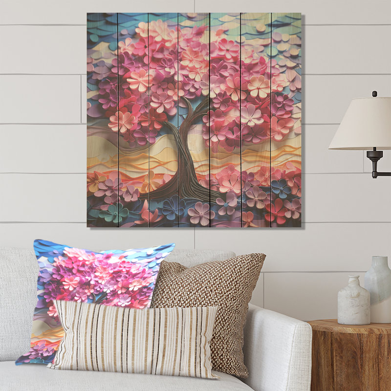 Pink And Purple Tree Essence III - Tree On Wood Print, 36" H x 36" W