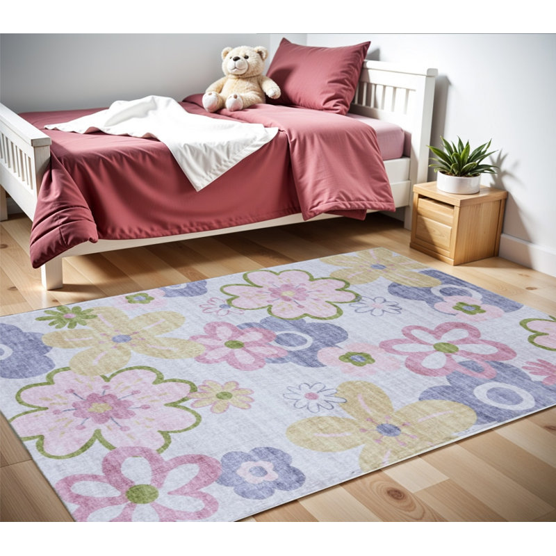 4' X 6' Pink Gray and Purple Juvenile Flowers Youthful Area Rug
