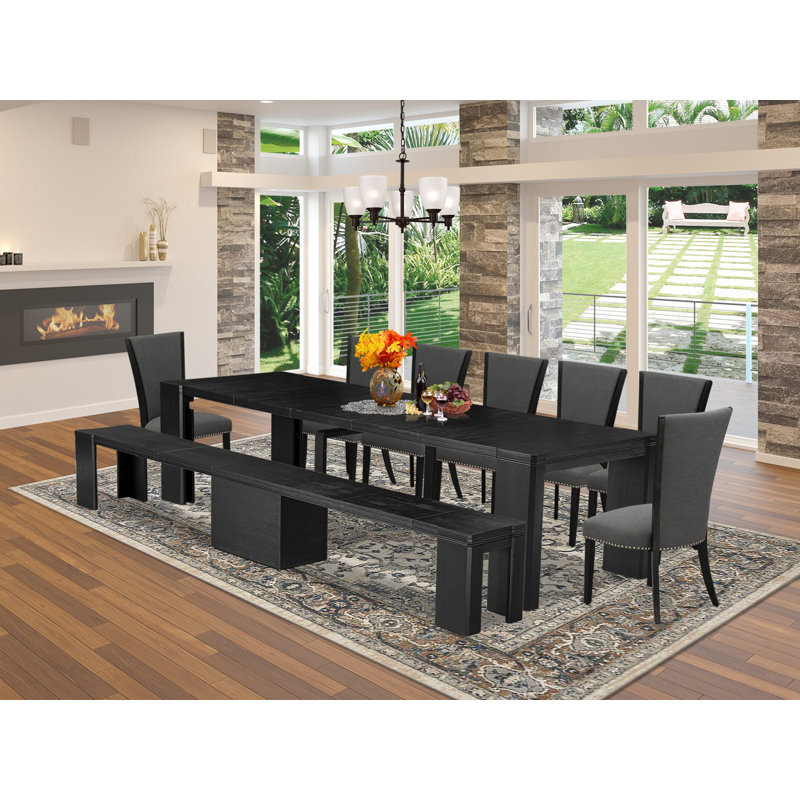 Ensemble de table de salle à manger 9 pièces comprenant une table de salle à manger rectangulaire, des bancs en bois et 7 chaises de salle à manger en tissu gris foncé Gotham, noir brossé