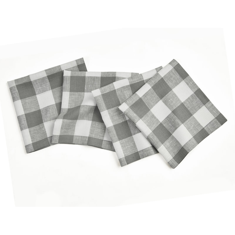 Buffalo Check - 100% Pure Linen Dinner Napkins, Gray/White